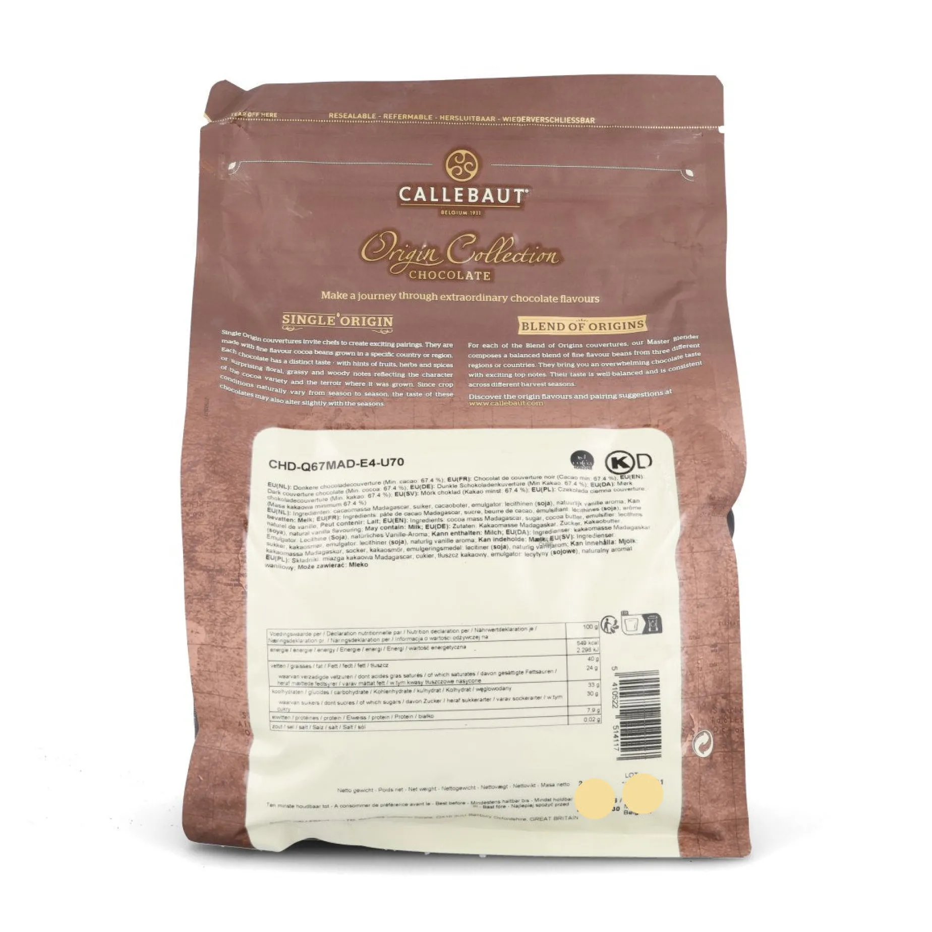 Callebaut Origin Madagascar 67.4% Dark Chocolate Chips, 2.5kg