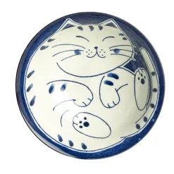 Dark Blue Lucky Cat Japanese Ramen Bowl, 21cm
