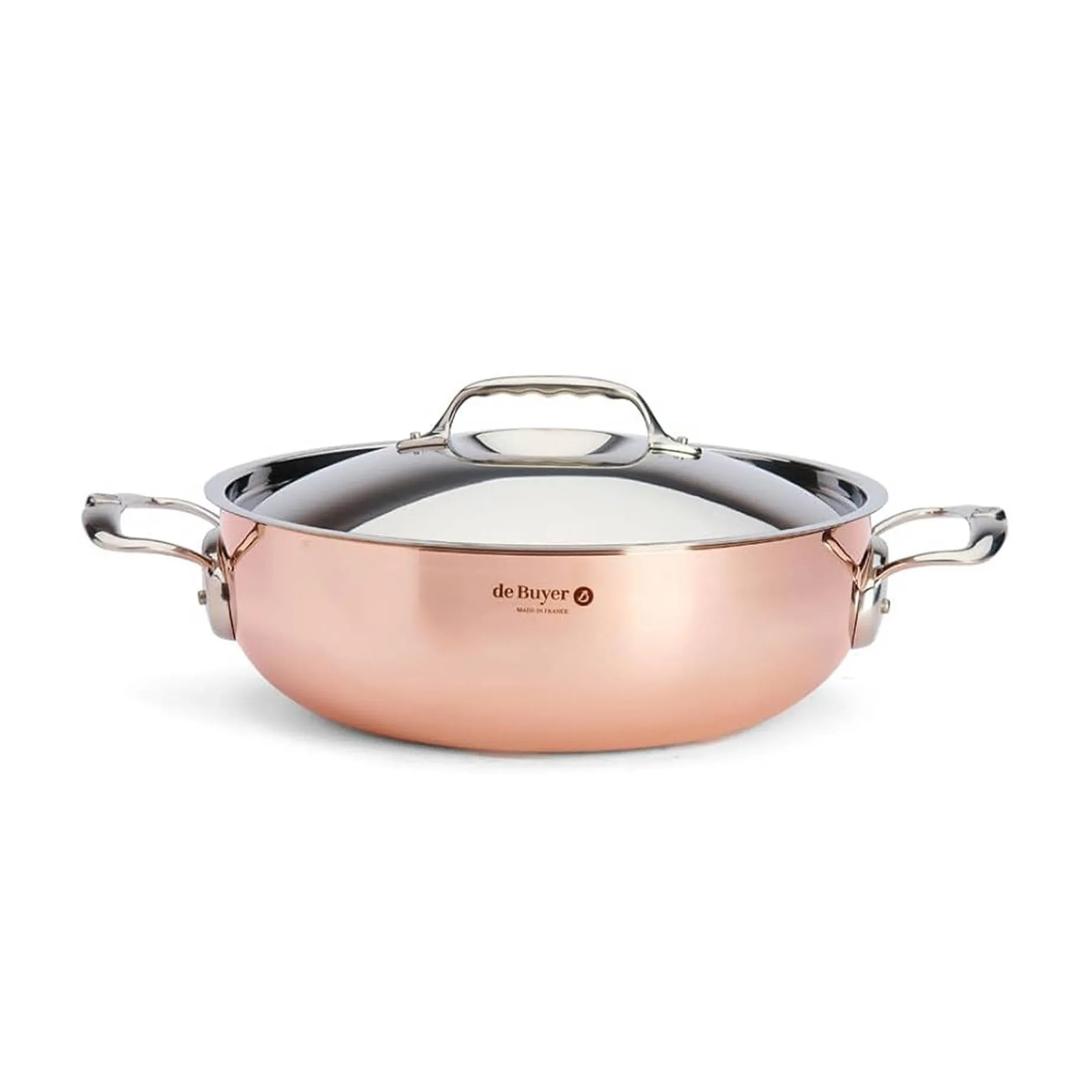 De Buyer Prima Matera Copper Curved Saute Pan with Lid & Stainless Steel Handle, 28cm