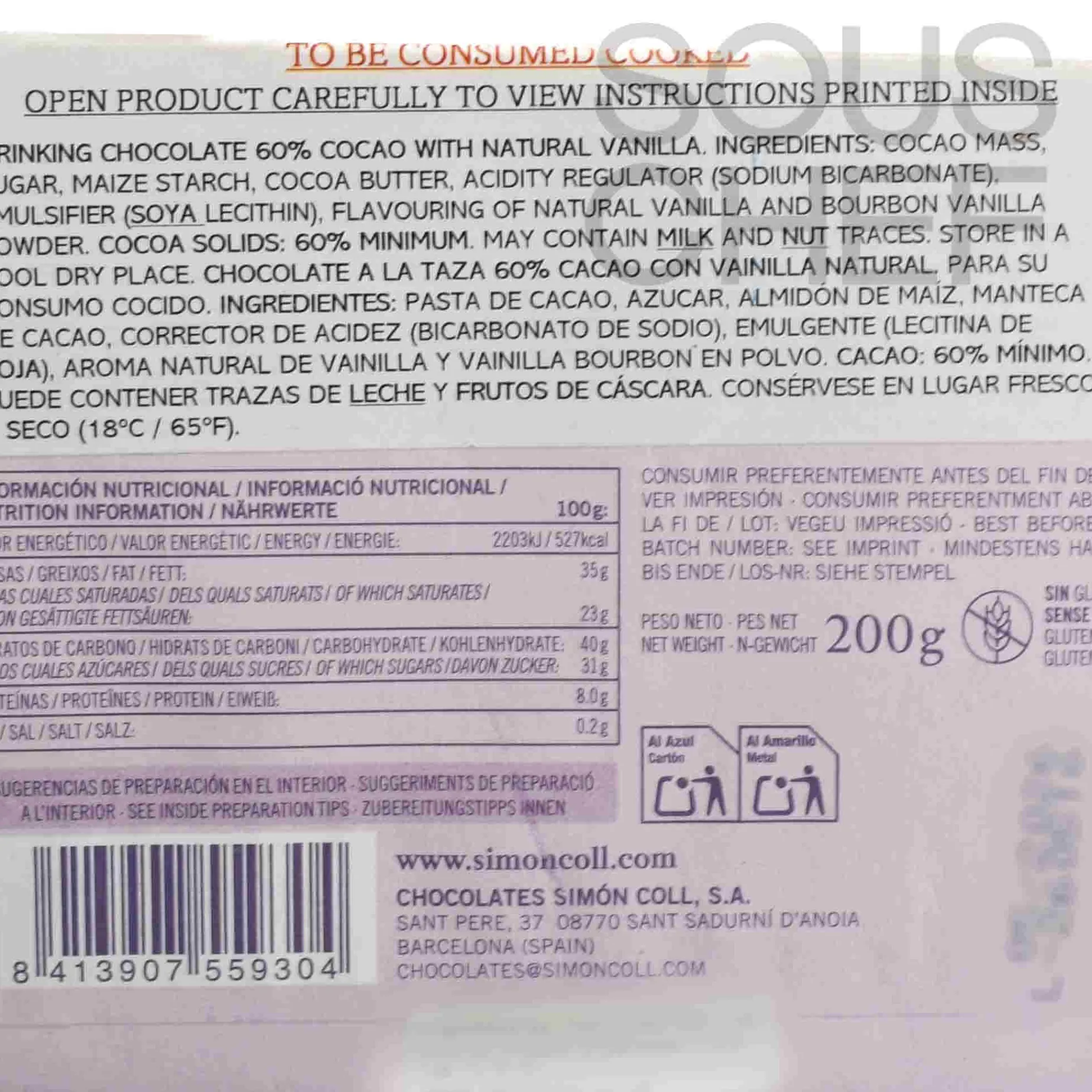 Drinking Chocolate Bar with 60% Cocoa & Bourbon Vanilla, 200g