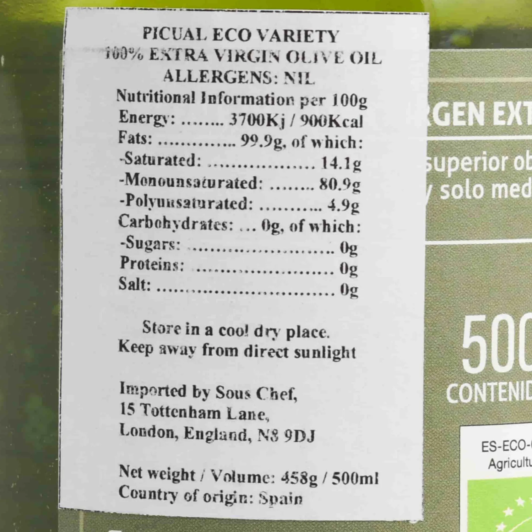 Hacienda el Palo Premium Picual Ecological Extra Virgin Olive Oil, 500ml