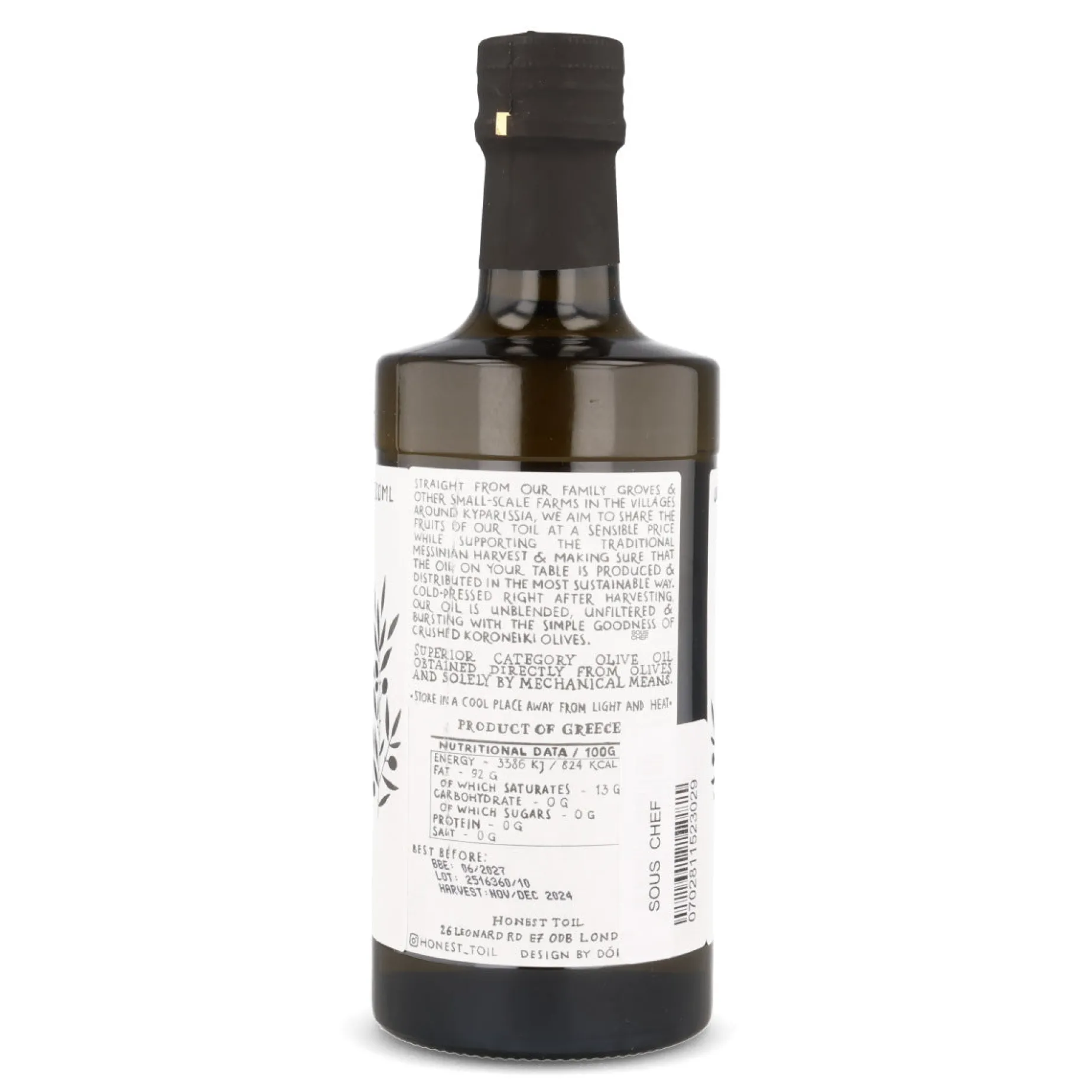 Honest Toil Extra Virgin Greek Olive Oil in Dark Bottle, 500ml