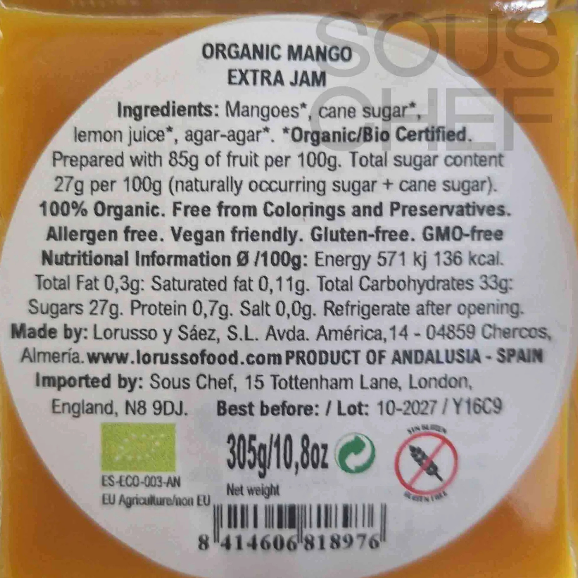 LoRUSSo Organic Artisanal Mango Jam, 305g