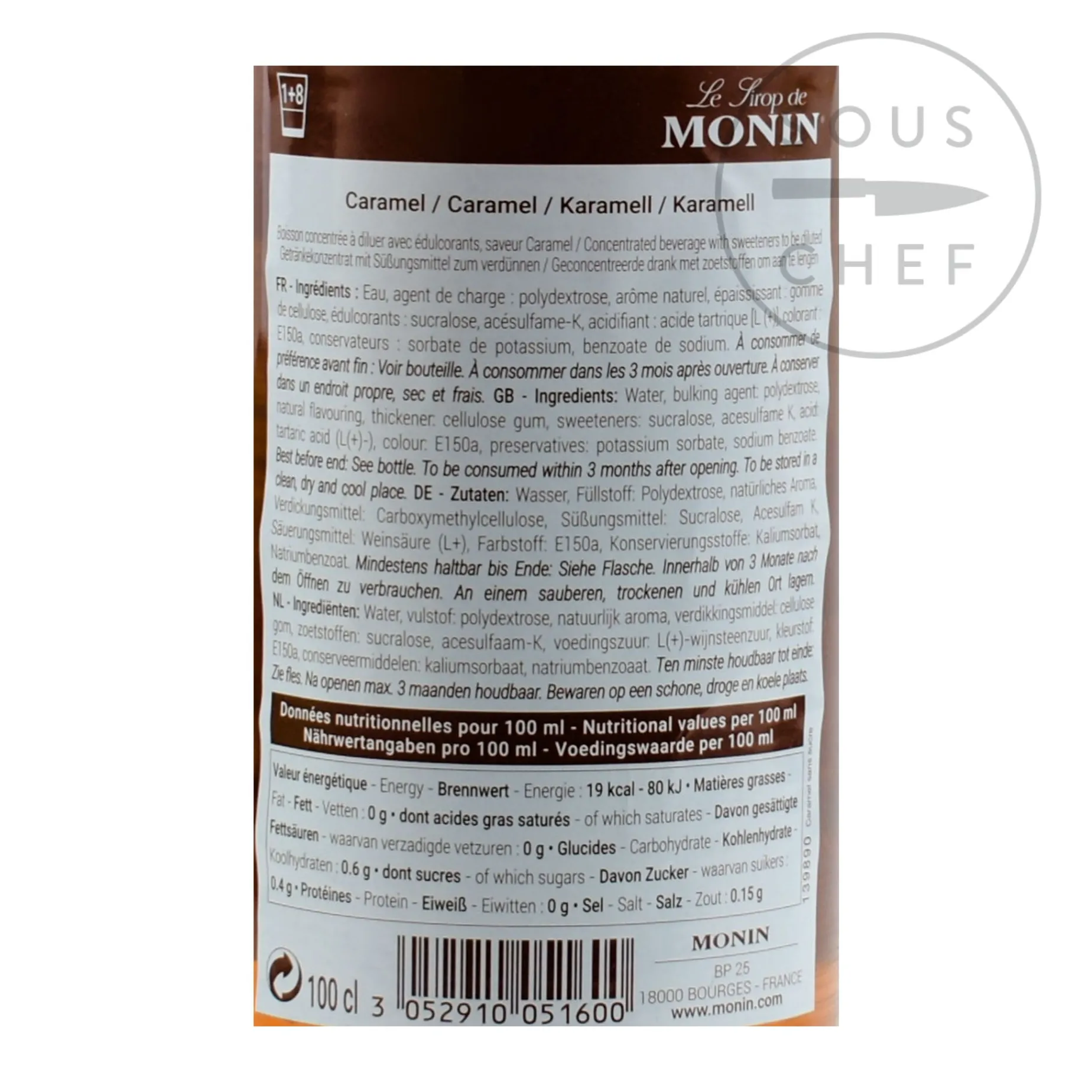 Monin Sugar Free Caramel Syrup, 1 litre