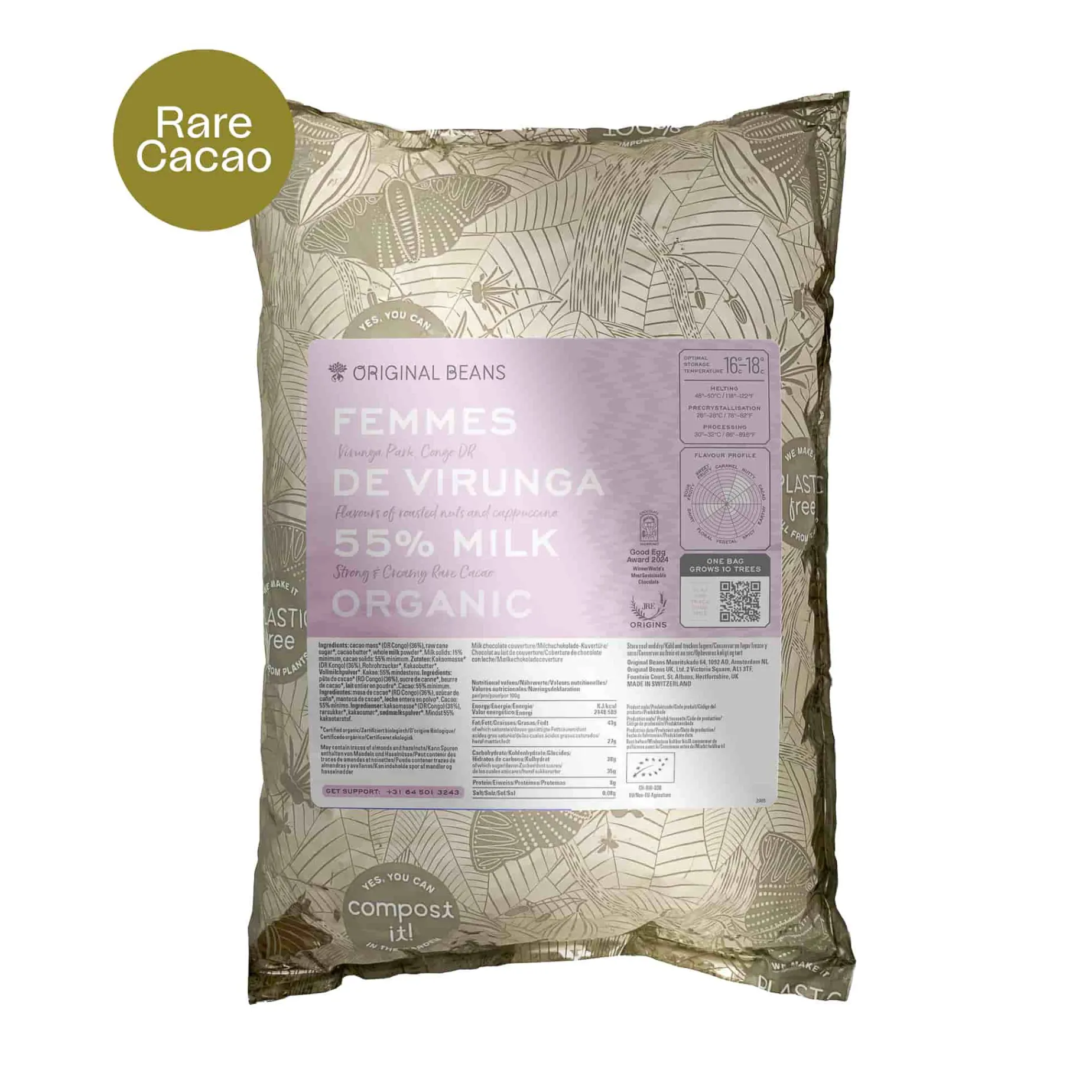 Original Beans 55% Femmes de Virunga Dark Milk Couverture Chocolate, 2kg