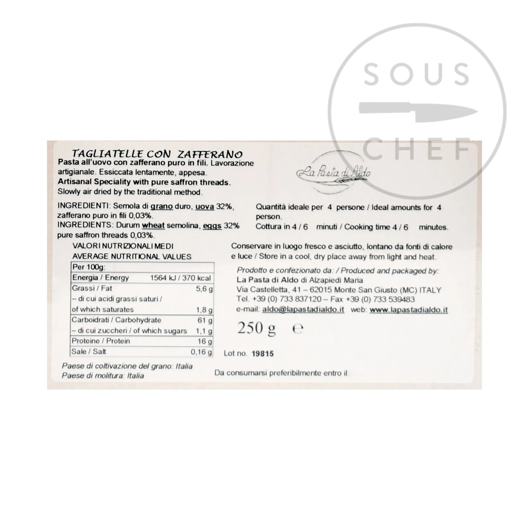 Pasta Di Aldo Saffron Tagliatelle Egg Pasta, 250g