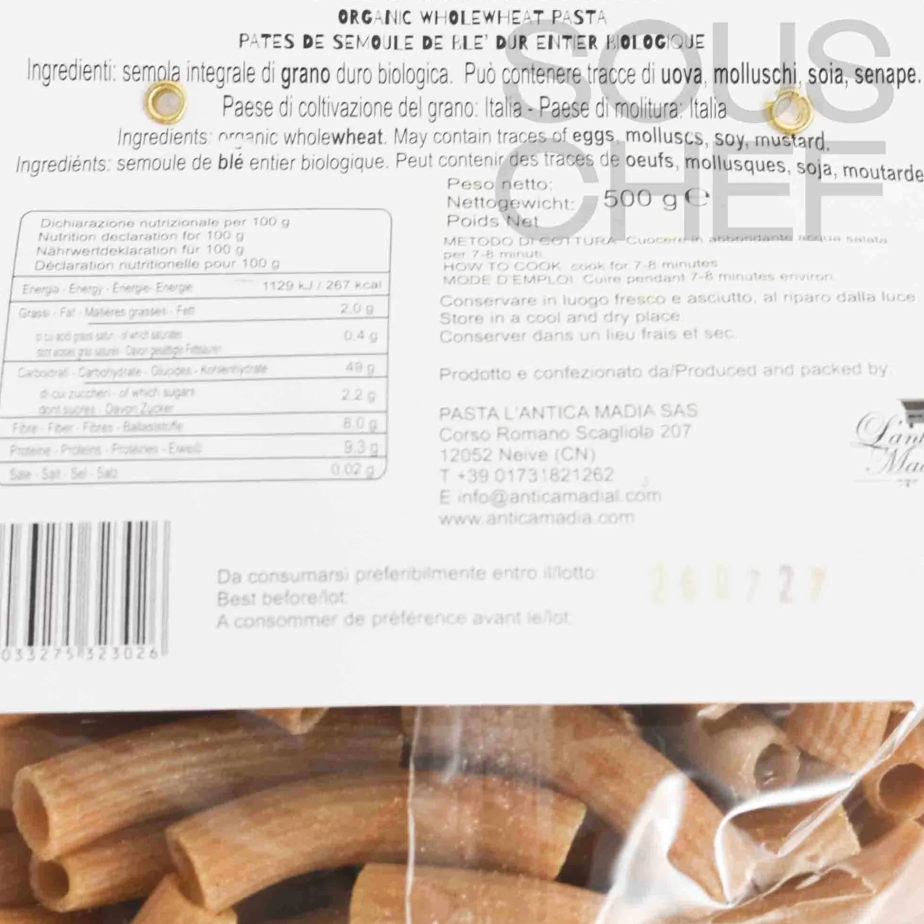 Pasta L'Antica Organic Wholewheat Maccheroni Pasta, 500g