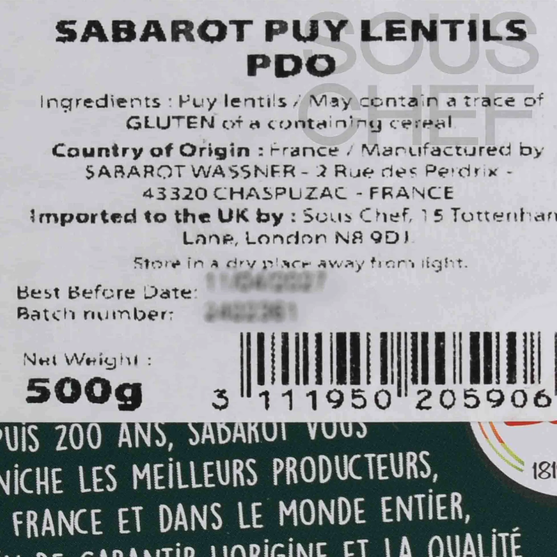 Sabarot PDO Puy Lentils in Metal Tin, 500g