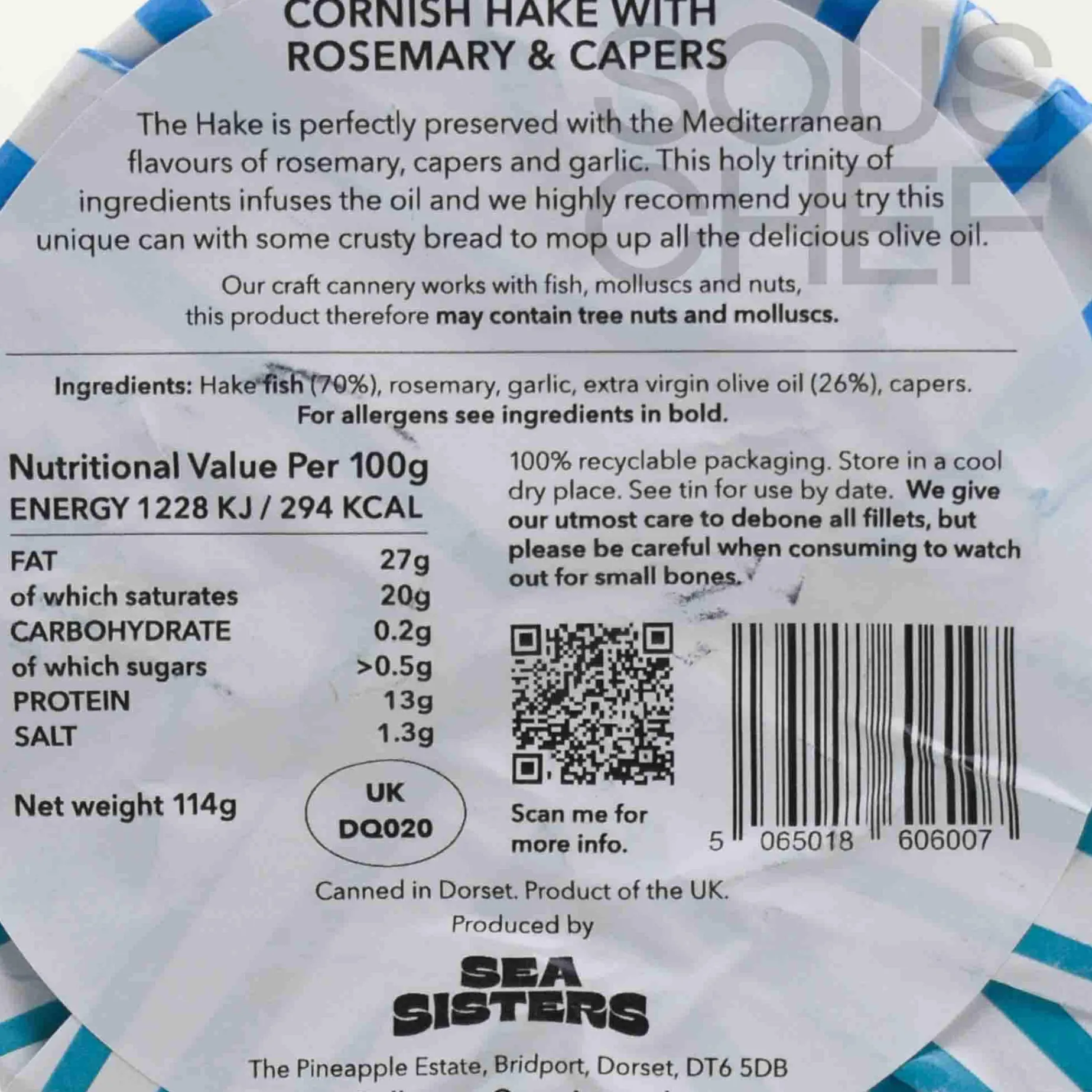 Sea Sisters Tinned Cornish Hake With Rosemary & Capers, 110g