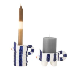 Set of 2 Blue Striped Cat Candle Holders