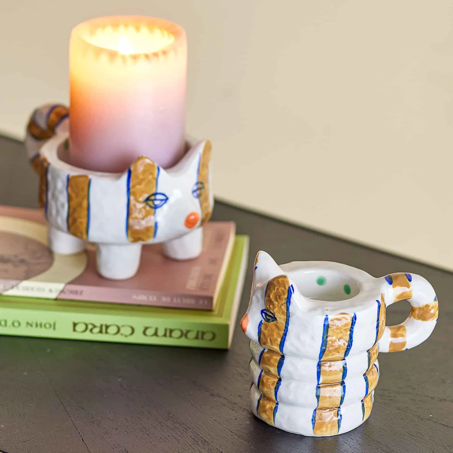 Set of 2 Yellow Striped Cat Candle Holders