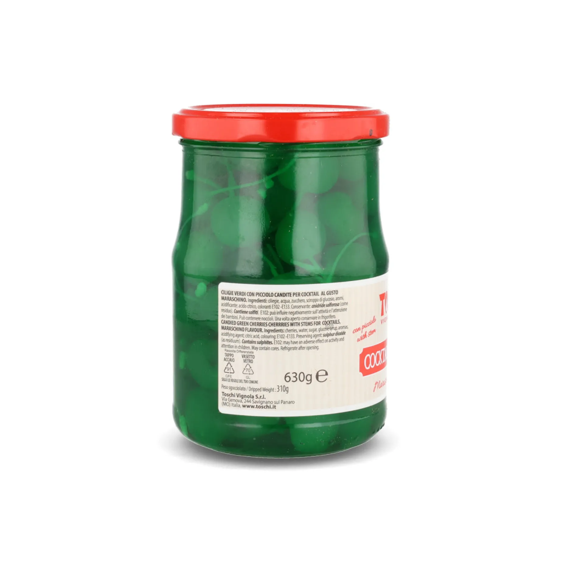 Toschi Green Cocktail Cherries, 630g