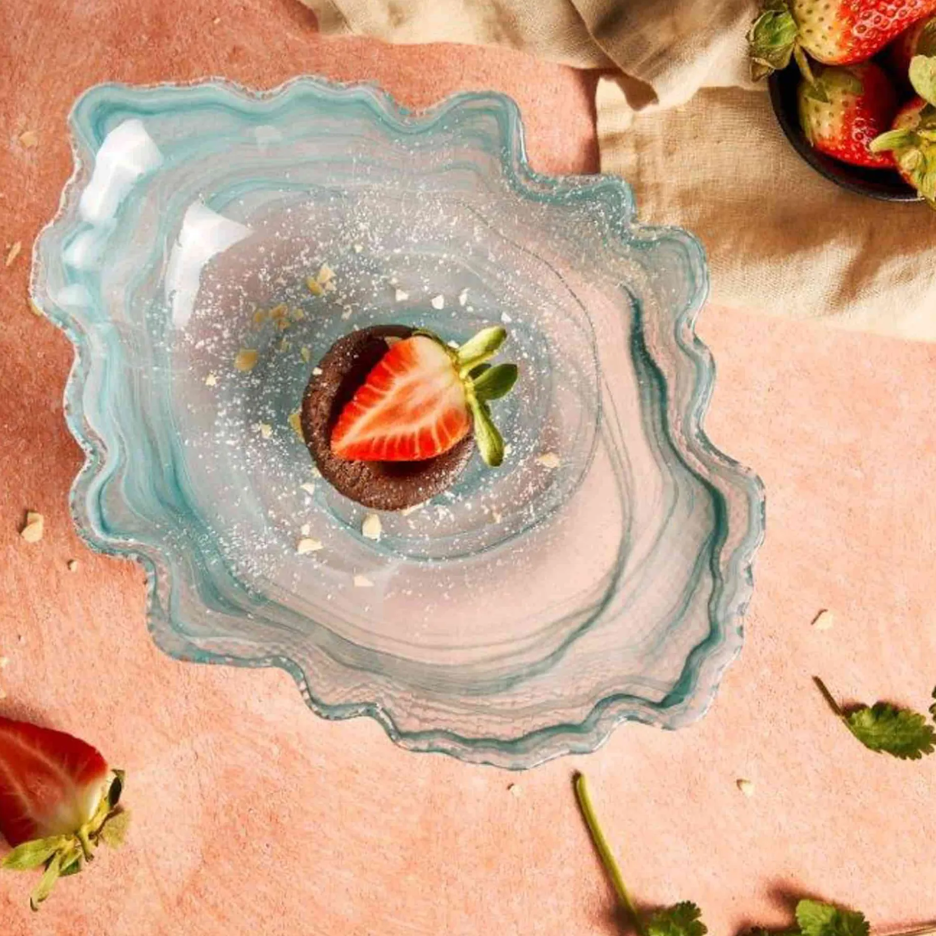 Turquoise Marble Glass Serving Bowl, 30x23cm