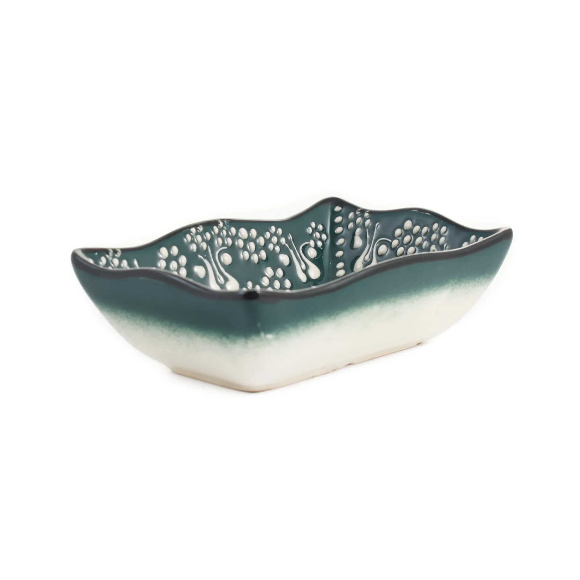 Yesil Ve Beyaz Boyali Wavy Edge Snack Dish, 13.5cm